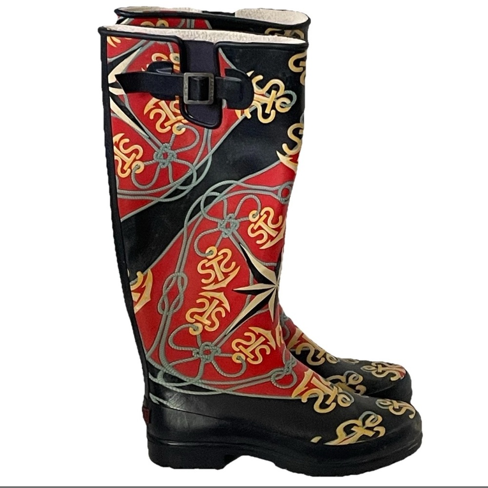 Women Size 8 Sperry Top-Sider STS Tall Rain Boot Navy Red Nautical Anchor Rubber